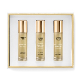 Creed Fragrance Set of three gold-capped travel-size eau de parfum bottles in gold gift box presentation
