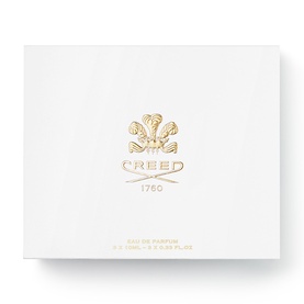 Creed Eau de Parfum fragrance set in white and gold gift box with embossed crest logo