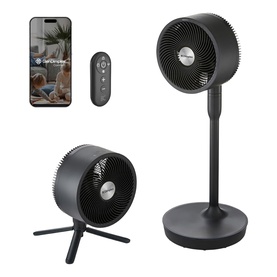 Dimplex black pedestal fan with detachable tripod base, remote control, and smartphone app control, shown in two configurations