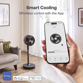 Dimplex black pedestal fan with Smart Cooling app control, shown alongside smartphone displaying fan controls in a living room setting.