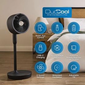 Dimplex DuoCool Smart Cordless 2-in-1 Fan in black, pedestal stand, with feature icons highlighting app control and USB-C charging