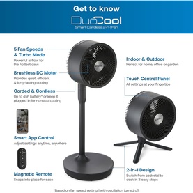 Dimplex DuoCool Smart Cordless Fan in black, shown as pedestal and desk configurations with feature callouts