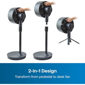 Dimplex black 2-in-1 pedestal and desk fan shown in three configurations, demonstrating conversion from full-height stand to compact tripod desk fan.