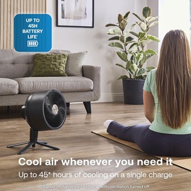 Dimplex black portable desk fan on floor beside woman sitting on yoga mat in living room, with plant and sofa in background