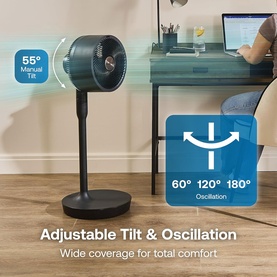 Dimplex black pedestal fan showing 55&deg; manual tilt and 60&deg;&ndash;180&deg; oscillation range, on wooden floor beside a desk.