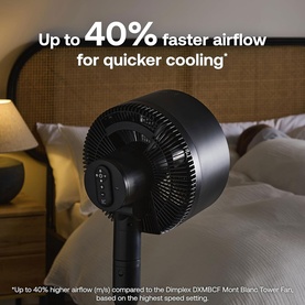 Dimplex black pedestal tower fan on stand, shown in bedroom lifestyle setting with promotional airflow claim overlay.