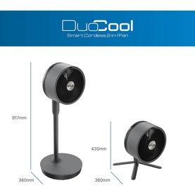 Dimplex DuoCool Smart Cordless 2-in-1 Fan in black, shown as tall pedestal (917mm) and compact tabletop (435mm) configurations