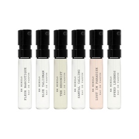 Ex Nihilo fragrance discovery set of six miniature eau de parfum vials with black caps, arranged in a row