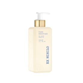 Ex Nihilo Fleur Narcotique Shower Gel, clear pump bottle with white cap and gold collar detail, 300ml