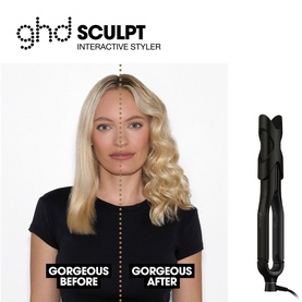 GHD Sculpt Interactive Styler before and after split image showing straight hair transformed into soft curls, with device displayed alongside.