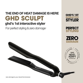 GHD Sculpt interactive hair styler in black, shown with product claims highlighting zero heat damage and perfect styling technology