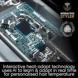 GHD Interactive Styler heat-adapt technology graphic showing AI circuit board detail with real-time personalised temperature text overlay