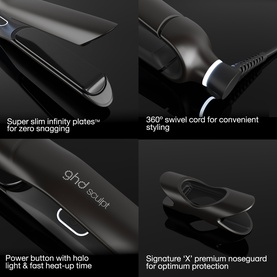 GHD Sculpt hair straightener feature callouts: slim infinity plates, 360&deg; swivel cord, halo power button, and signature X noseguard