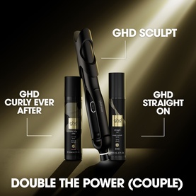 GHD Double The Power Couple set including Sculpt styler, Curly Ever After and Straight On sprays in black and gold packaging