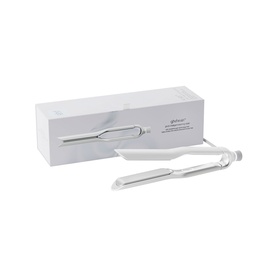 GHD white hair straightener with ceramic plates, shown beside its white rectangular box packaging