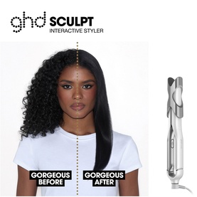 GHD Sculpt Interactive Styler shown beside before-and-after model demonstrating transformation from curly to sleek straight hair