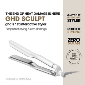 GHD Sculpt interactive hair styler in white, shown at angle with flat plates visible. Text overlay reads "The End of Heat Damage is Here