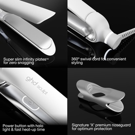 GHD Platinum+ hair straightener feature details: slim infinity plates, 360&deg; swivel cord, halo power button, and signature X noseguard