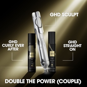 GHD Sculpt hair straightener with GHD Curly Ever After and GHD Straight On heat protection sprays, displayed on gold background