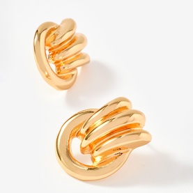 Mint Velvet gold tone chunky triple-loop knot stud earrings with polished finish