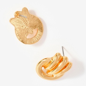 Mint Velvet gold stud earrings shown front and back, featuring textured fan-shaped and triple-wave sculptural designs