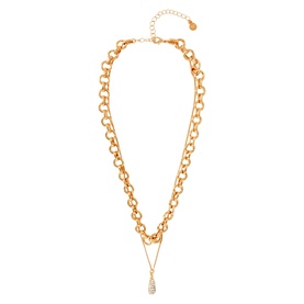 Mint Velvet gold chunky chain necklace with layered fine chain and crystal teardrop pendant, adjustable extender chain