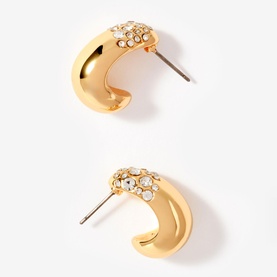 Mint Velvet gold chunky hoop stud earrings with pav&eacute; crystal embellishment at top, polished finish