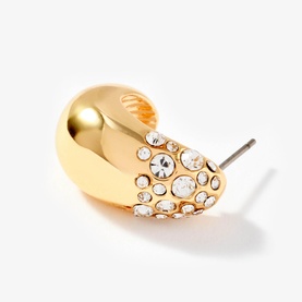 Mint Velvet gold teardrop stud earring with pav&eacute; crystal embellishment on lower half, silver post fitting