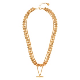 Mint Velvet gold layered chain necklace with chunky curb links and T-bar pendant drop, adjustable length