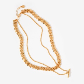 Mint Velvet gold layered necklace with chunky curb chain, delicate chain, and toggle bar clasp fastening