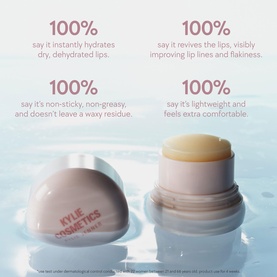 Kylie Cosmetics lip balm stick in round compact packaging, shown open and closed with hydration benefit claims on icy blue background.
