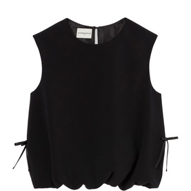 Claude Pierlot black sleeveless top with scalloped hem and tie side details, structured crew neckline