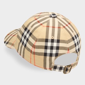 Burberry Cap in Sand IP Check cotton, rear view showing adjustable back strap and iconic Burberry check pattern