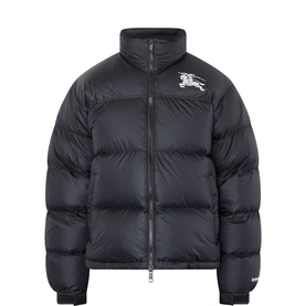 Burberry black quilted puffer jacket with equestrian knight logo embroidery, funnel neck, and zip fastening