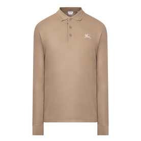 Burberry clay brown long-sleeve cotton polo shirt with embroidered Equestrian Knight logo and three-button placket