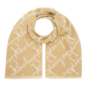 Burberry sand wool scarf with all-over script monogram print and frayed edges, rolled to show texture