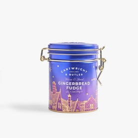 Cartwright & Butler Gingerbread Fudge in purple festive tin with gold clip closure and illustrated Christmas village scene