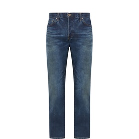 Edwin 3049 tapered jeans in dark wash indigo denim, five-pocket style with subtle fading, flat lay view