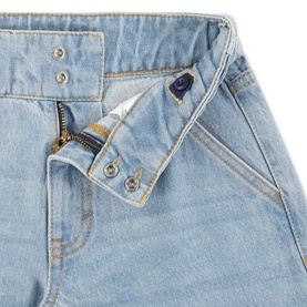 Levi's children's light wash jeans close-up showing zip fly, button fastening, and coin pocket detail