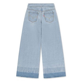 Levi's children's wide-leg jeans in light blue denim, rear view showing back pockets and raw frayed hem detail.