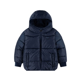 Levi's children's navy hooded puffer jacket with zip fastening, ribbed cuffs, and quilted panels in Naval Academy blue