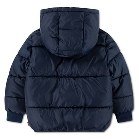 Levi's children's navy puffer jacket, rear view showing quilted panelling, attached hood and ribbed cuffs in Naval Academy colourway