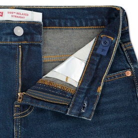 Levi's 555 Relaxed Straight children's jeans in Dark Hollow, close-up of waistband and gold zip fly detail