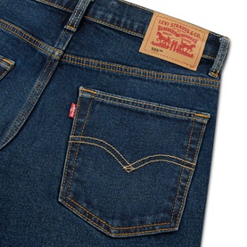 Levi's children's 505 jeans in Dark Hollow, close-up of back pocket with gold stitching and red tab logo patch