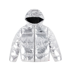 Levi's children's silver metallic hooded puffer jacket with zip fastening and quilted panels, black contrast lining visible at hood