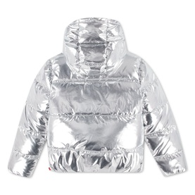 Levi's children's silver metallic puffer jacket with hood, quilted panels and elasticated hem, back view