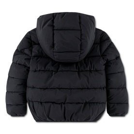 Levi's children's black quilted puffer jacket, rear view, with attached hood and horizontal baffle stitching
