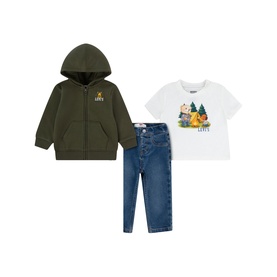 Levi's Olive Night baby set with zip-up hoodie, white graphic T-shirt, and blue denim jeans, laid flat
