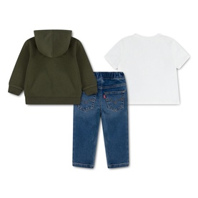 Levi's Olive Night baby set flat lay showing khaki zip hoodie, white T-shirt, and mid-blue denim jeans, back view