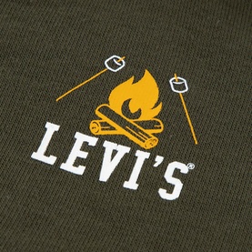 Levi's baby set in Olive Night, close-up of campfire and marshmallow graphic print with Levi's logo